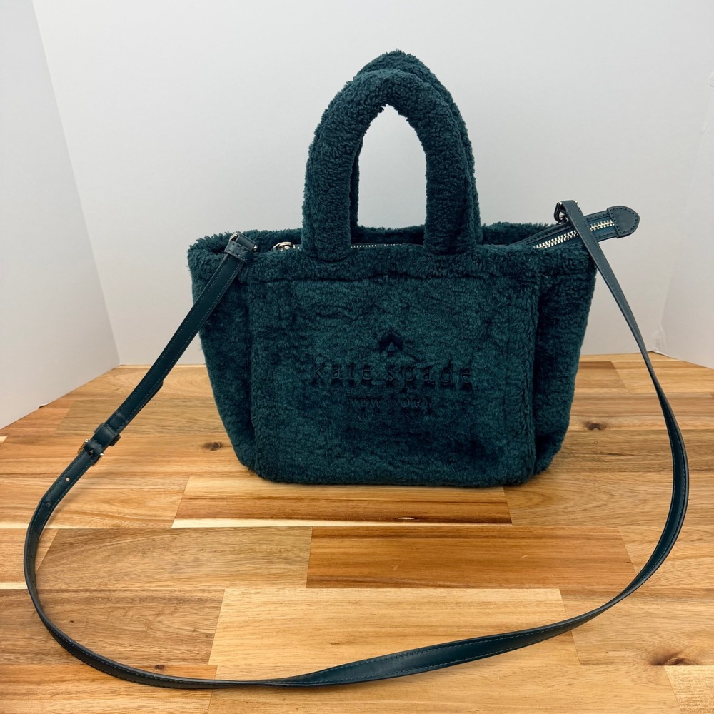 KATE SPADE LARGE ELLA FAUX SHEARLING TOTE IN PEACOCK Plush Teal Sherpa Bag